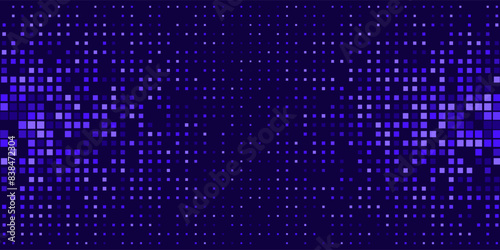 Digital abstract background with pattern of blue pixel squares on dark blue backdrop. Ideal for use in technology, digital media, and modern design projects. Vector illustration