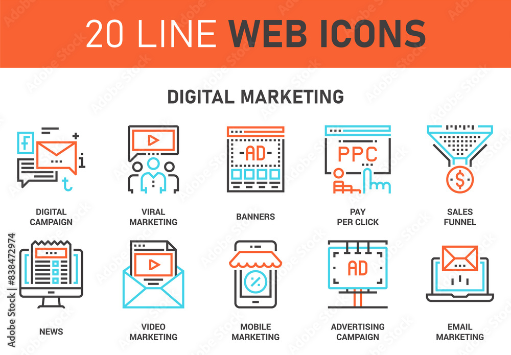 Vector set of digital marketing line web icons. Each icon with ...