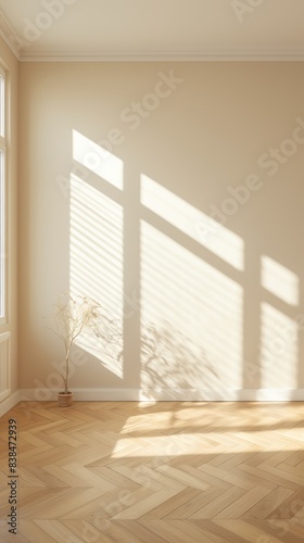 Light wall and wooden parquet floor  sunrays and shadows from window morning sun curtains reflection warm shadow