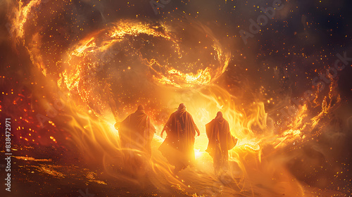 Shadrach, Meshach, and Abednego in the fiery furnace, depicted within a swirling nebula, highlighting their faith amidst trials, with copy space