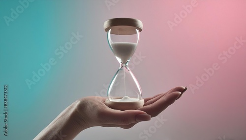 Woman's hand holding an hourglass on blue and pink background photo