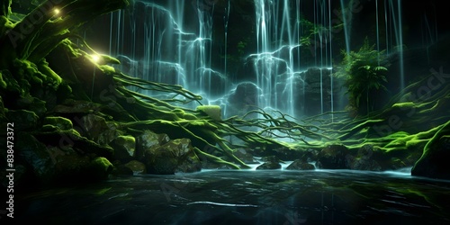 Neon black waterfall nature background with glowing lights and dynamic laser effects. Concept Nature Photography, Neon Lights, Waterfalls, Futuristic Landscapes, Light Effects © Anastasiia
