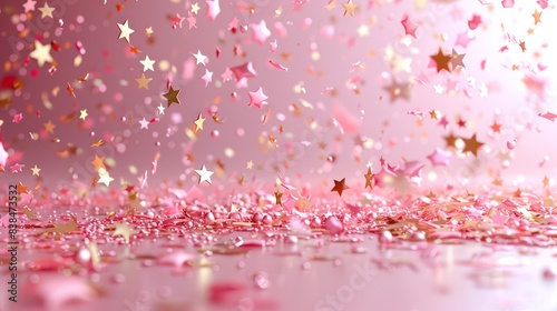 Gold stars on pink background  abstract holiday background. Happy Birthday. Generative AI