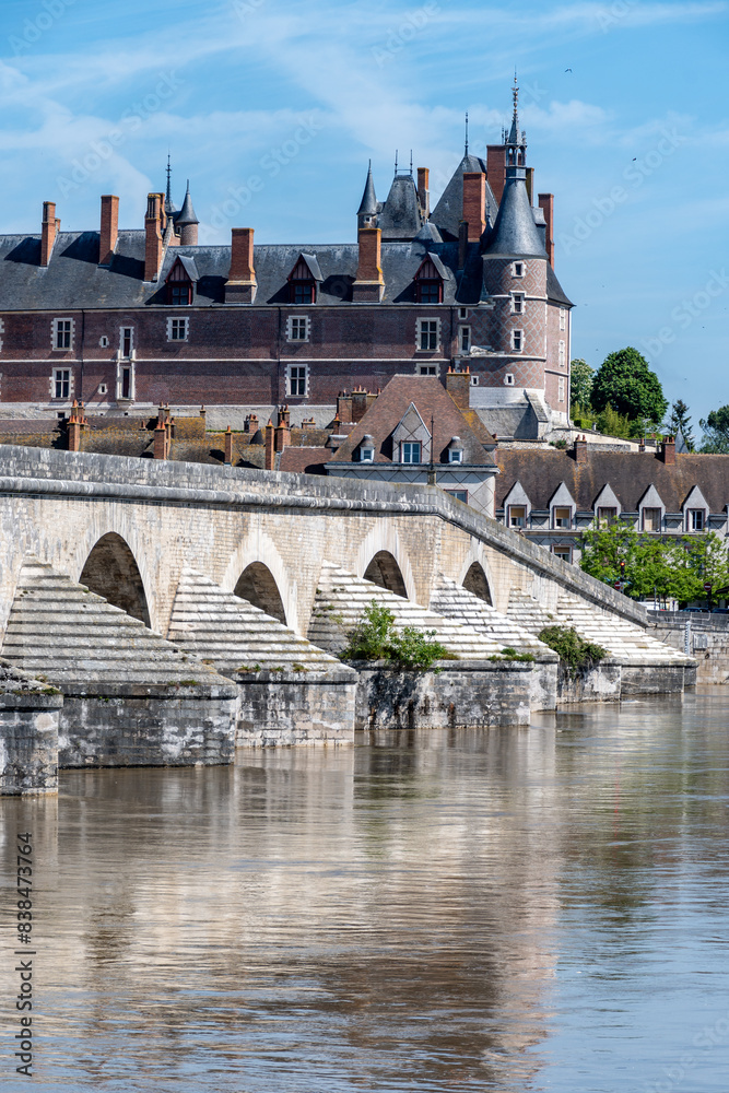 Obraz premium Views of old part of town of Gien is on the Loire river, in Loiret department, France, bridge and castle
