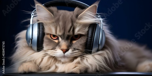 Stylish cat with headphones and sunglasses perfect for trendy merchandise designs. Concept Cute Cat, Fashion Accessories, Trendy Merchandise, Stylish Pets, Cute Sunglasses photo