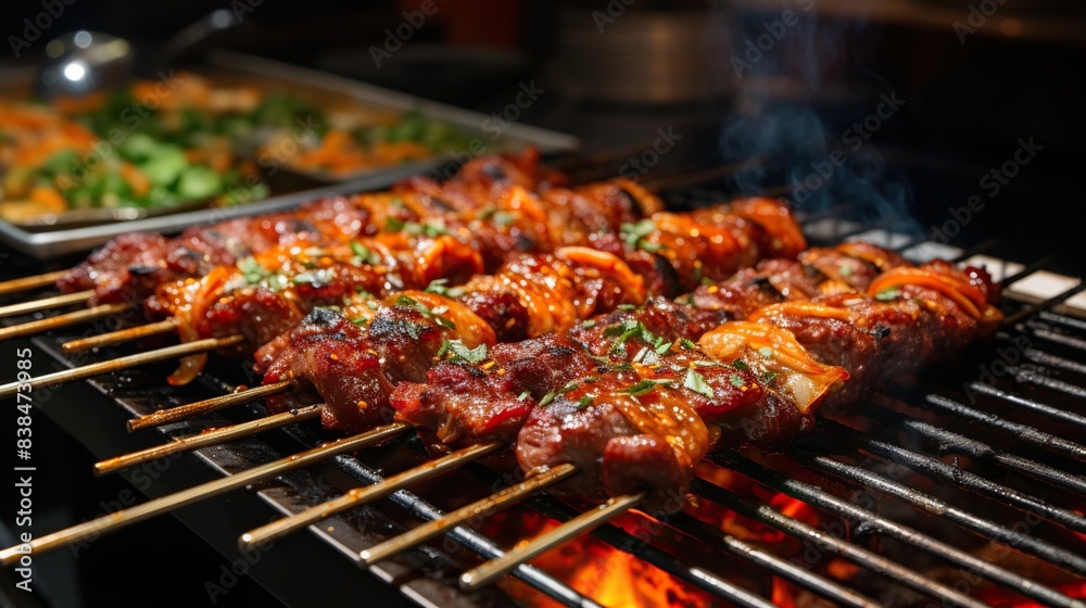 Savory Korean BBQ skewers sizzling on a street food grill 