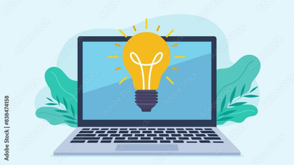 Animation of a laptop with a turned off light bulb appearing on it. At the start, the movie is in grayscale. When the light bulb is turned on, the entire film becomes colorful. Flat design video clip. Animation of a laptop with a turned off light bulb appearing on it. At the start, the movie is in grayscale. When the light bulb is turned on, the entire film becomes colorful. Flat design video clip.