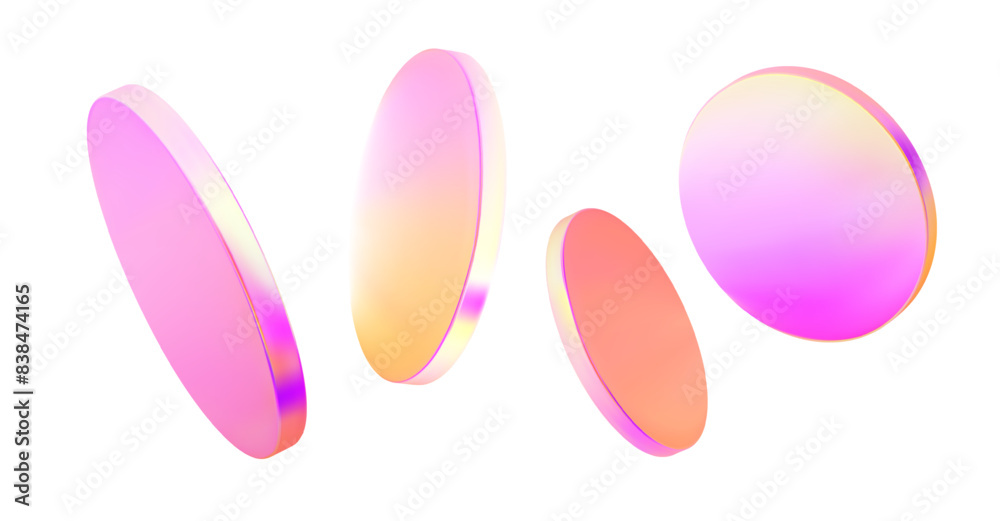 Set 3d hologram disk on isolated background. Flying pink neon holographic podium. Holo glass cylinder shape. Vector illustration Set 3d hologram disk on isolated background. Flying pink neon holographic podium. Holo glass cylinder shape. Vector illustration