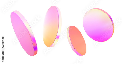 Set 3d hologram disk on isolated background. Flying pink neon holographic podium. Holo glass cylinder shape. Vector illustration © Doloves
