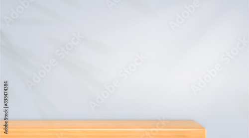 Wood shelf on white kitchen wall for product presentation. Empty table board. Minimal home mockup. Realistic 3d vector background