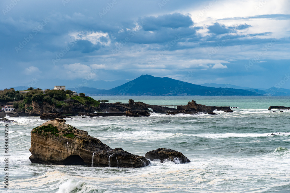 Panoramic view on cliffs, houses, sandy beaches of touristic Biarritz city, Basque Country, Bay of Biscay of Atlantic ocean, France Panoramic view on cliffs, houses, sandy beaches of touristic Biarritz city, Basque Country, Bay of Biscay of Atlantic ocean, France