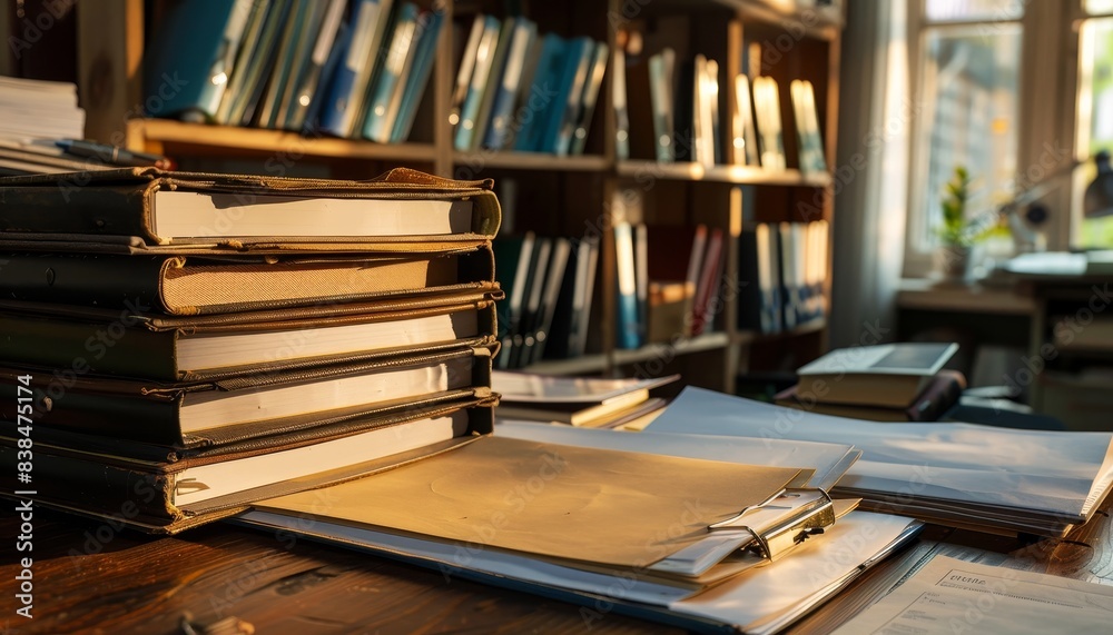 Old Books on a Wooden Desk with a Blurred Background Old Books on a Wooden Desk with a Blurred Background