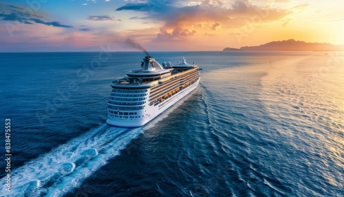 Luxury Cruise Ship Sailing into a Sunset Horizon