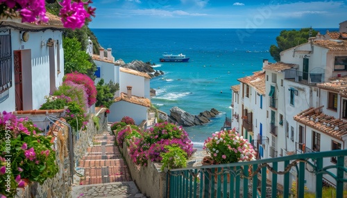 Charming Seaside Town with Blooming Flowers and Ocean View