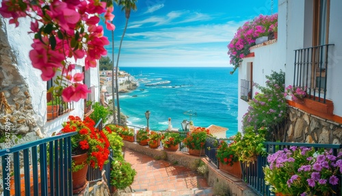 Charming Seaside Town with Blooming Flowers and Ocean View
