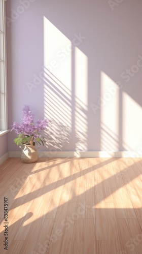 Light wall and wooden parquet floor  sunrays and shadows from window morning sun curtains reflection warm shadow