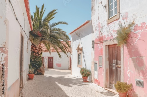 Photo of a street with white houses and pink walls 