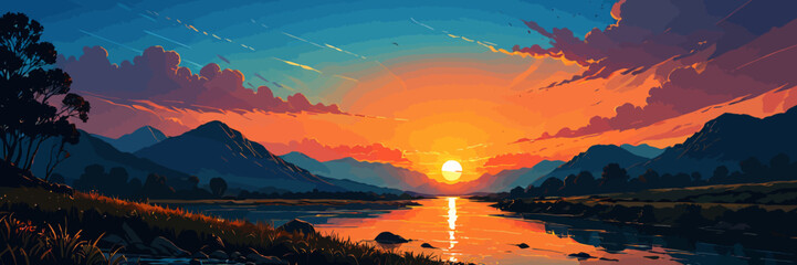 Leinwandbilder Schwarz Sunset, river background landscape illustration vector graphic, Sunrise, warm colors vectorized mountain land view graphic   © ArtMart