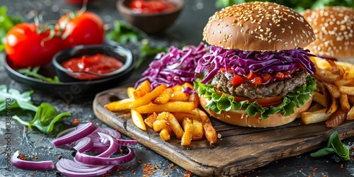 Top view of a table with healthy plantbased fast food. Concept Plantbased Diet, Healthy Eating, Fast Food, Top View Photography photo