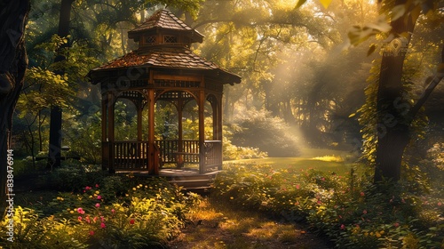 A wooden gazebo sits in a lush green forest