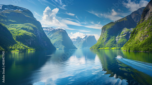 Norway fjord on a sunny day, with deep blue waters and dramatic cliffs. Mountains reflecting in the clear blue water.