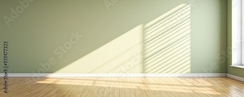 Light wall and wooden parquet floor  sunrays and shadows from window morning sun curtains reflection warm shadow