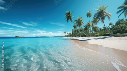 Serene beach with turquoise waters and white sands, palm trees swaying in the breeze 
