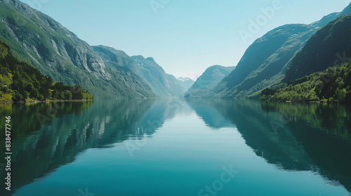Norway fjord on a sunny day, with deep blue waters and dramatic cliffs. Mountains reflecting in the clear blue water.