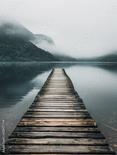 a wooden path to calm lake, landscape nature photo, minimal wallpaper hyper realistic  © Johannes