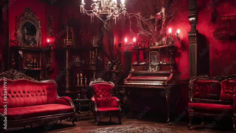 Spooky Victorian-style living room with cobwebs and red velvet ...