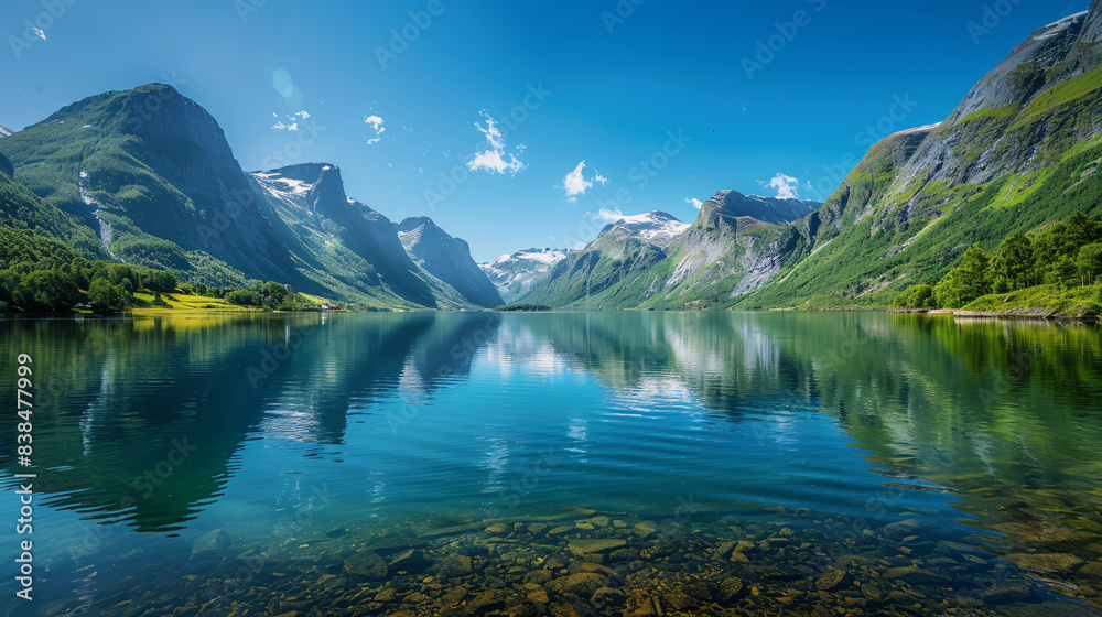 Norway fjord on a sunny day, with deep blue waters and dramatic cliffs. Mountains reflecting in the clear blue water.