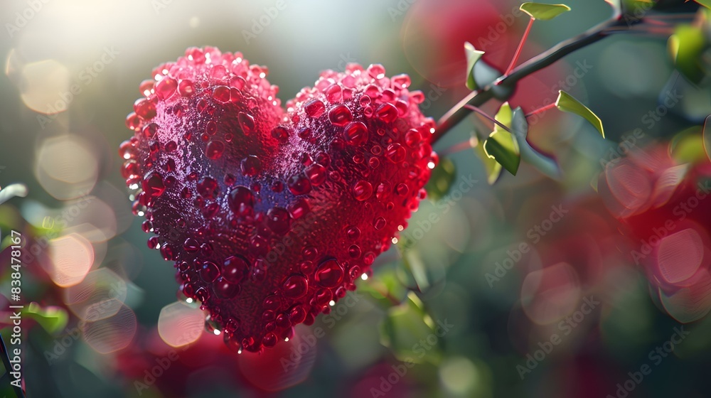 Obraz premium A heart-shaped crystal pendant hanging on a branch, shining in the sun