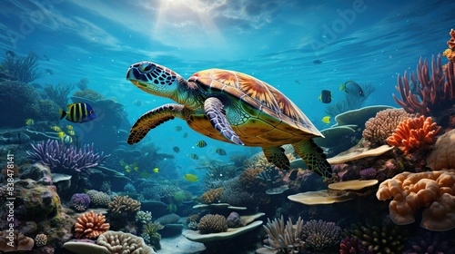 Serene sea turtles gliding gracefully through a coral reef ecosystem  