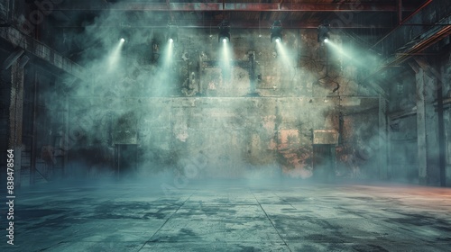Eerie abandoned theater stage boasting decrepit concrete floor, immersed in misty fog and theatrical illumination, ideal for dramatic or theatrical marketing applications.