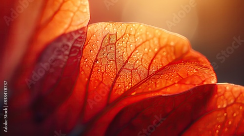 An extreme close up of the petals of a red flower. The veins of the petals are visible, as well as the tiny drops of water on the surface.