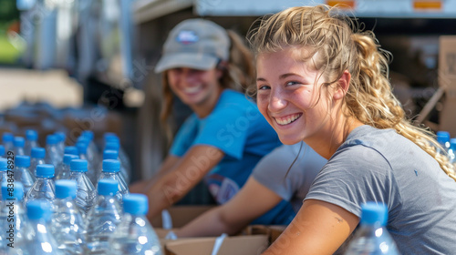 Smiling of volunteers packing water bottles into cardboard boxes outside truck. Group volunteer working. photo