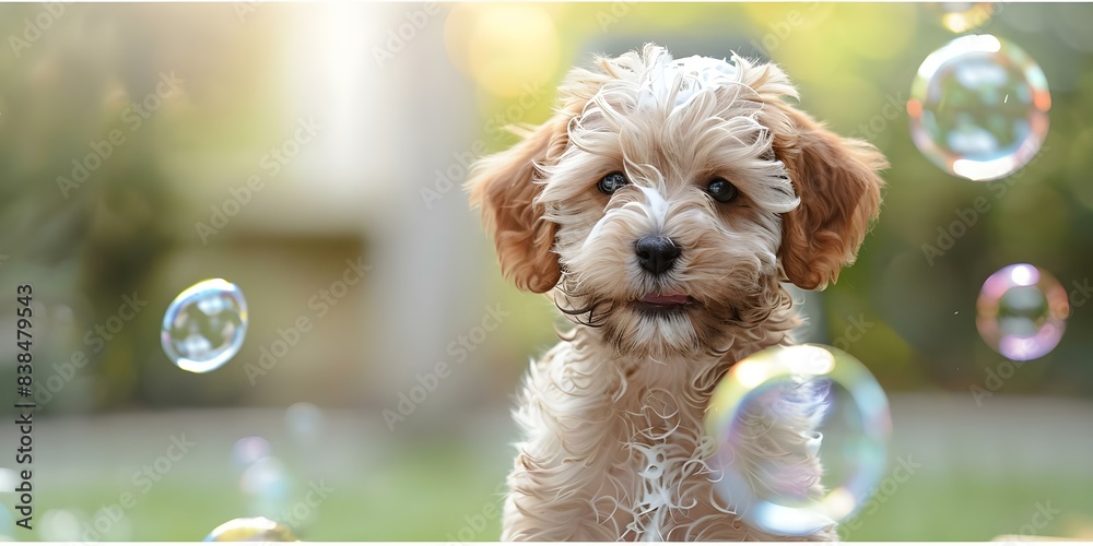 Fun Pappy Cute Maltipoo puppy having fun with soap bubbles during grooming ...