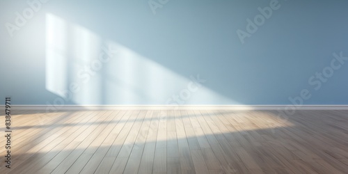 Light wall and wooden parquet floor, sunrays and shadows from window morning sun curtains reflection warm shadow © Michael