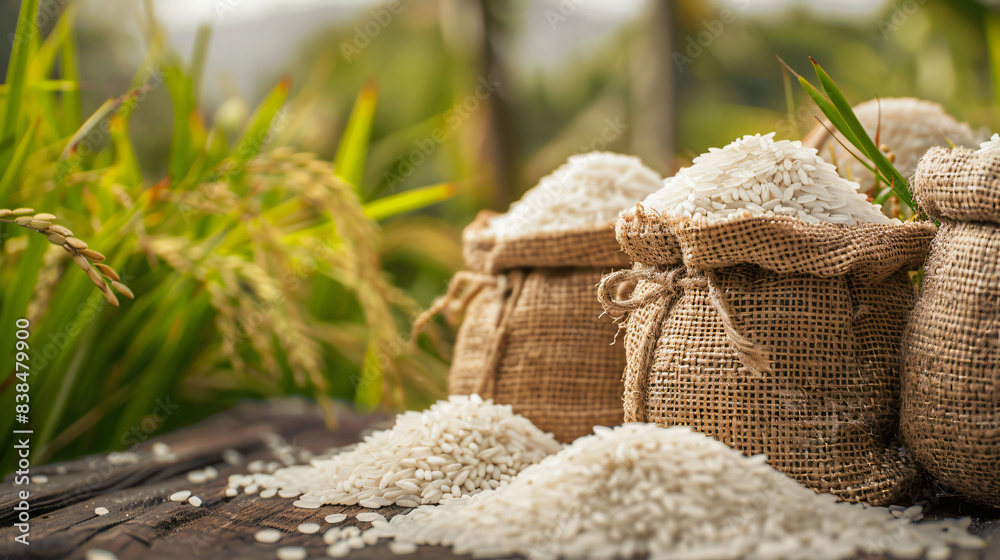 white rice in sacks with rice fields in background