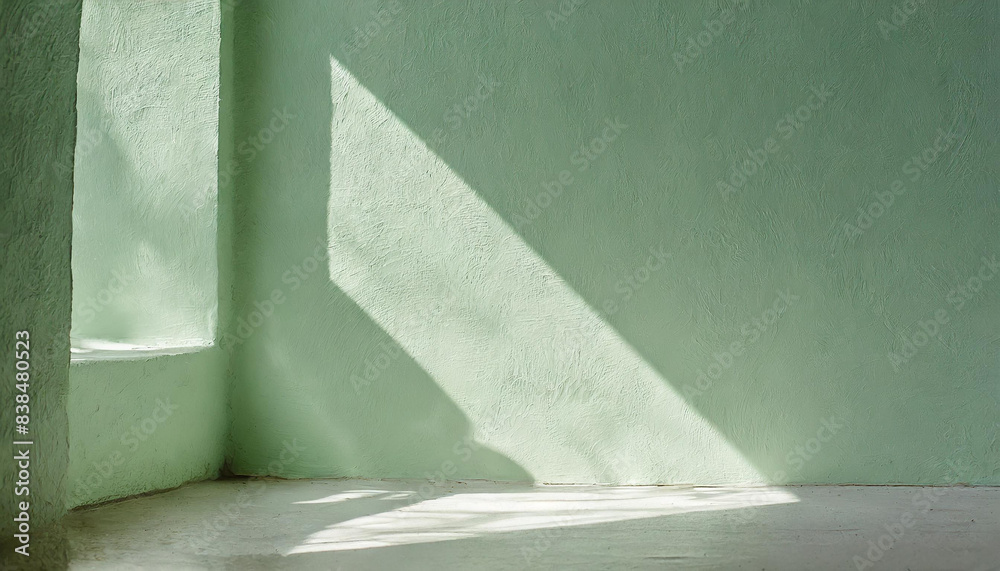 empty light green wall with sun reflections, minimalistic background for the presentation of your products, stock wallpaper image template spring summer sun rays empty light green wall with sun reflections, minimalistic background for the presentation of your products, stock wallpaper image template spring summer sun rays