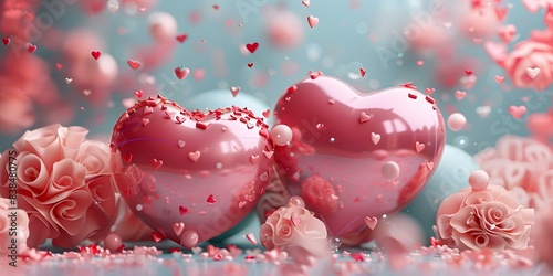 Pink heart-shaped balloons and roses