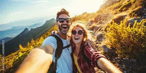 Cheerful couple of hikers taking selfie on top of the mountain - Millennial guy and girl enjoying summertime day out laughing at camera together - Millenial travelers standing on nature, Generative AI