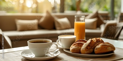 Wallpaper Mural Hotel room service breakfast with bread coffee juice for a cozy morning. Concept Hotel Breakfast, Room Service, Cozy Morning, Bread, Coffee, Juice Torontodigital.ca