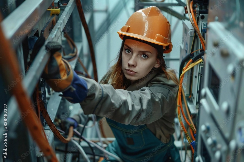 Top view of female technician and male mechanic at work in high angle overhead shot of industry automation at renewable energy factory Top view of female technician and male mechanic at work in high angle overhead shot of industry automation at renewable energy factory