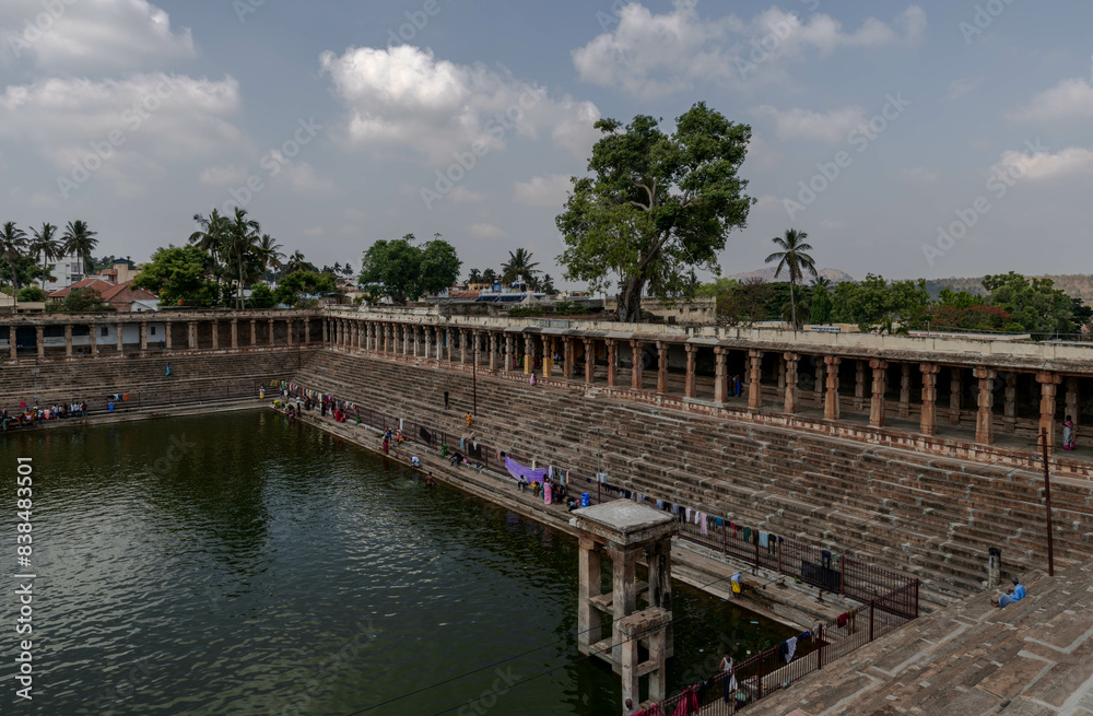 Lord Yoga Narasimha Temple and Kalyani Big Pond at Melkote. India.
