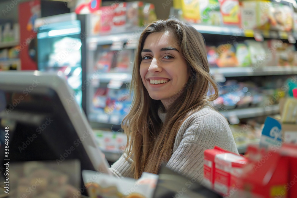 Top View of Smiling Woman at Checkout Counter Top View of Smiling Woman at Checkout Counter
