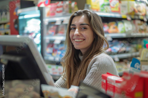 Top View of Smiling Woman at Checkout Counter