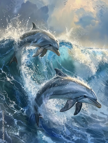 Couple de dauphins sautant dans les vagues de l'ocÃ©an hyper realistic  photo