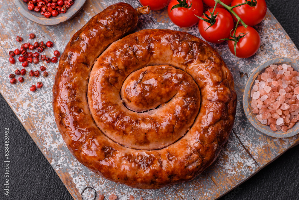 Fototapeta premium Delicious homemade sausage in the form of a spiral baked on the grill with salt, spices