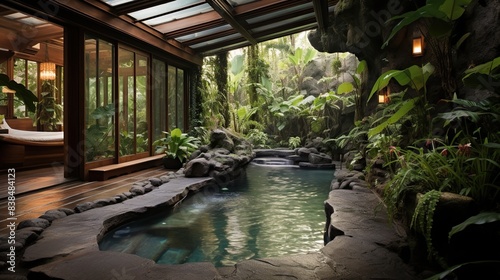 Spa retreat with tranquil pools  lush gardens  and serene ambiance 